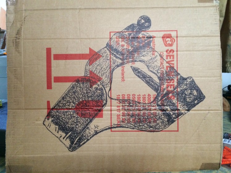 Diaspora (I packed this myself), 2014, sharpie on packing case, 47 x 63 cm