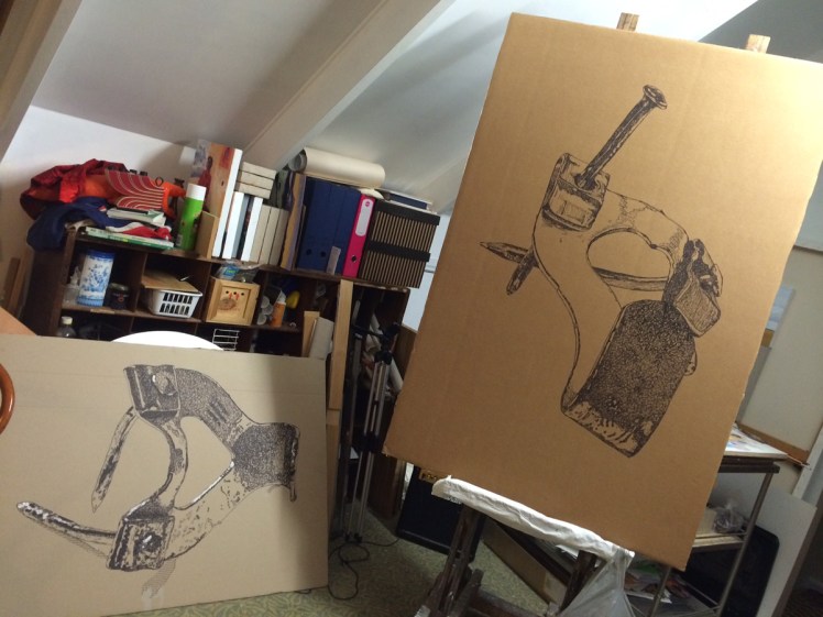 L-R Untitled (Hook 1), 2014, sharpie on packing case, 68 x 100 cm. Middle Class Hero, 2014, 120 x 85 cm