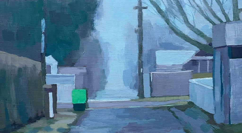 Mists, Mellow Fruitfulness, Green Waste, 2024, oil on plywood, 13cm x 23cm, A$275 SOLD