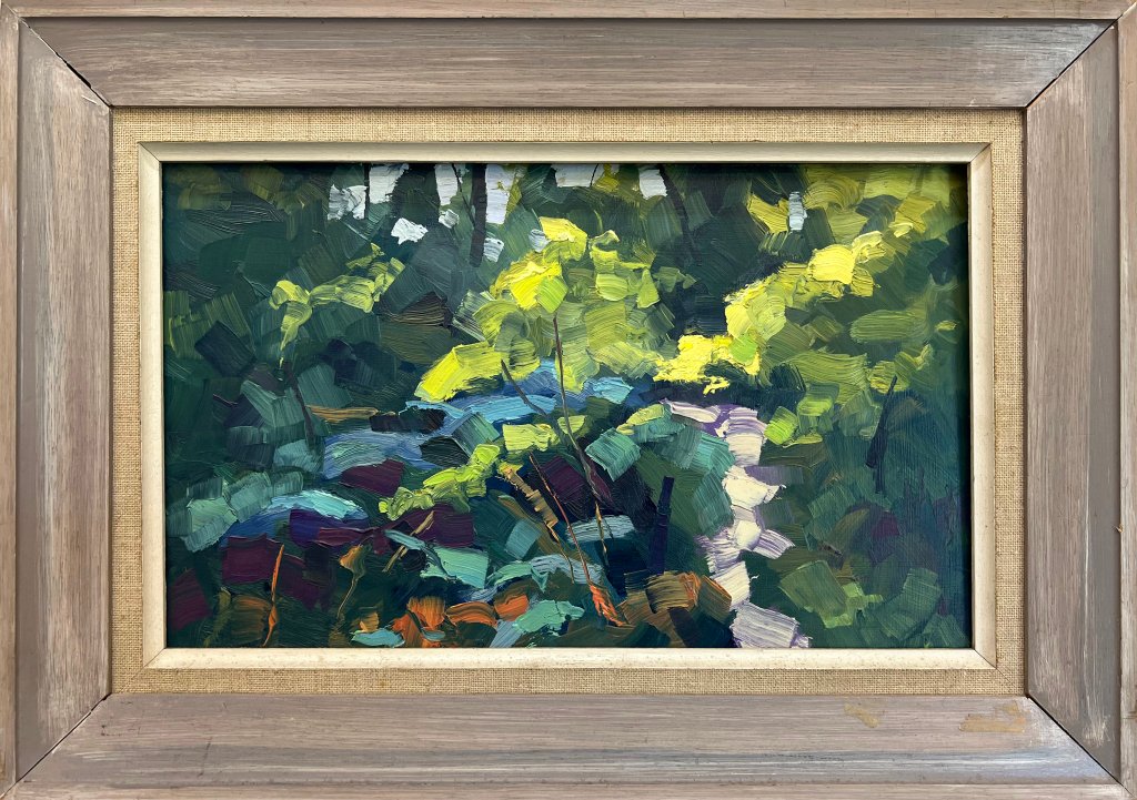 Wet Wattle, 2023, oil on board, 20cm x 35cm. A$500 unframed or A$650 with vintage frame.