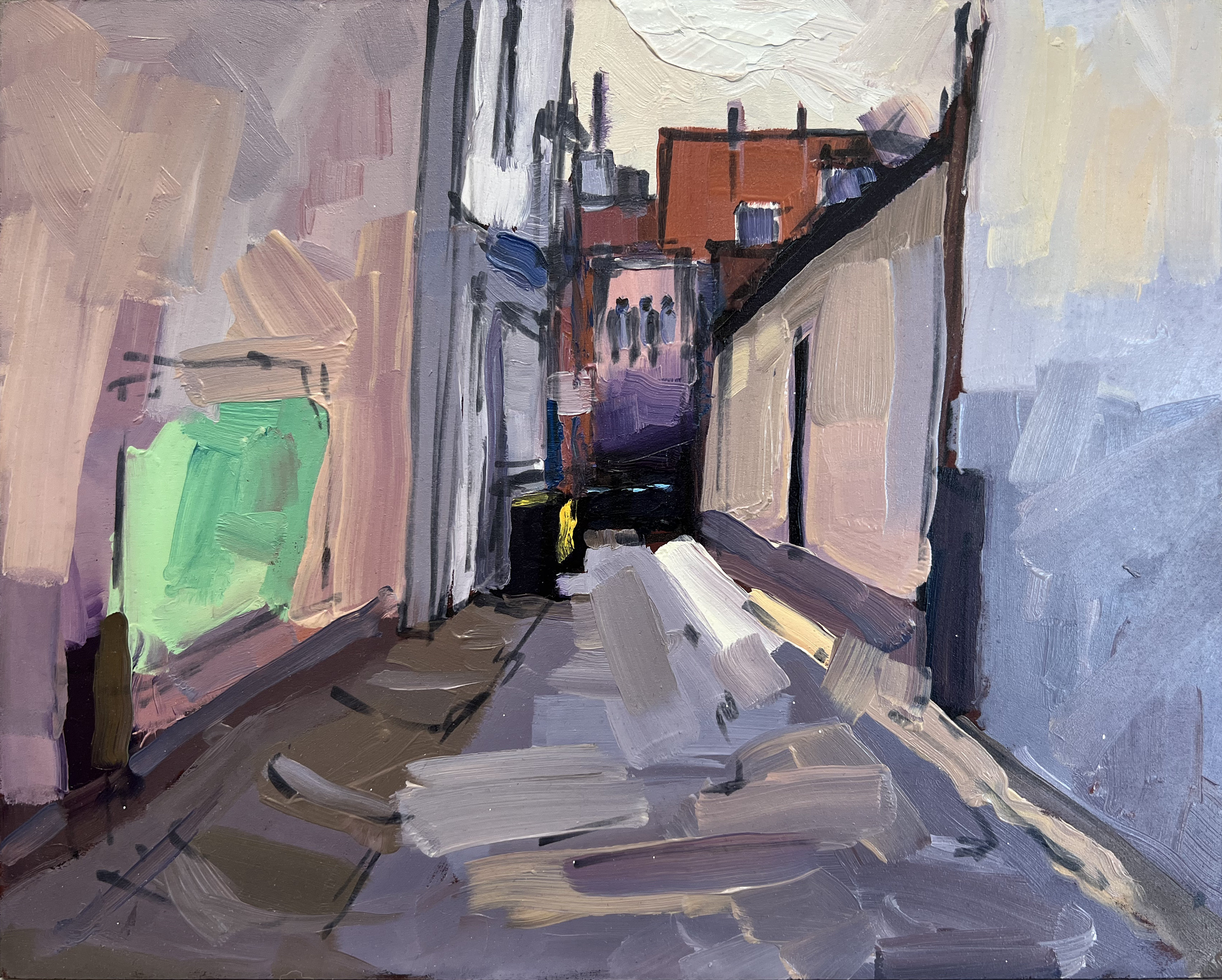 Lane with Bins, 2022, oil and sharpie on Masonite. 20cm x 25cm. A$375 unframed