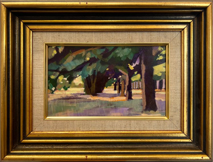 Cedars and Oaks, 2022, acrylic on board, 12cm x 19cm A$300 unframed A$350 with vintage frame