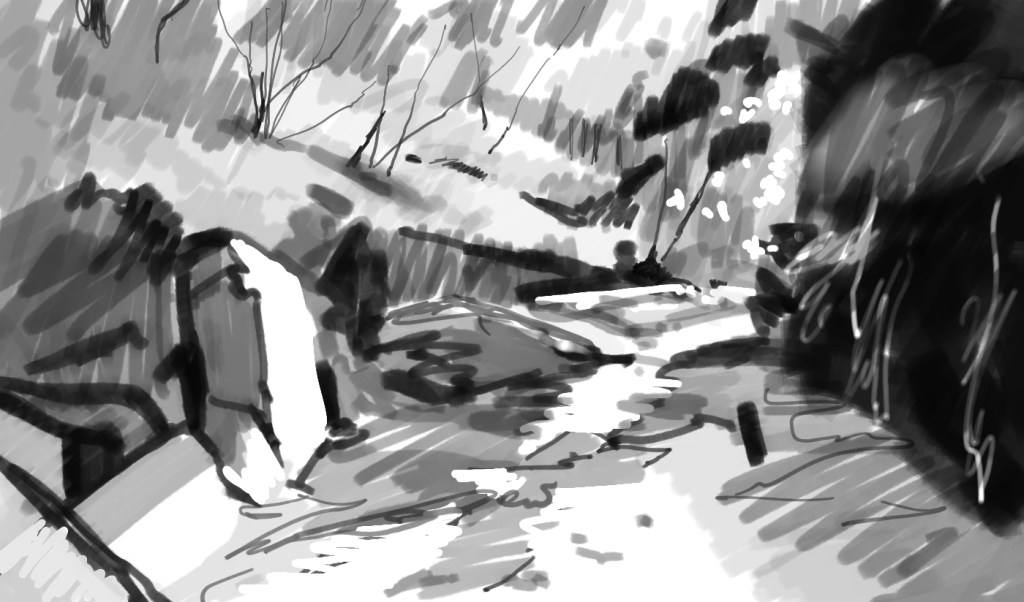 monochrome drawing of a dry creek with rocks in the foreground and trees in the background.