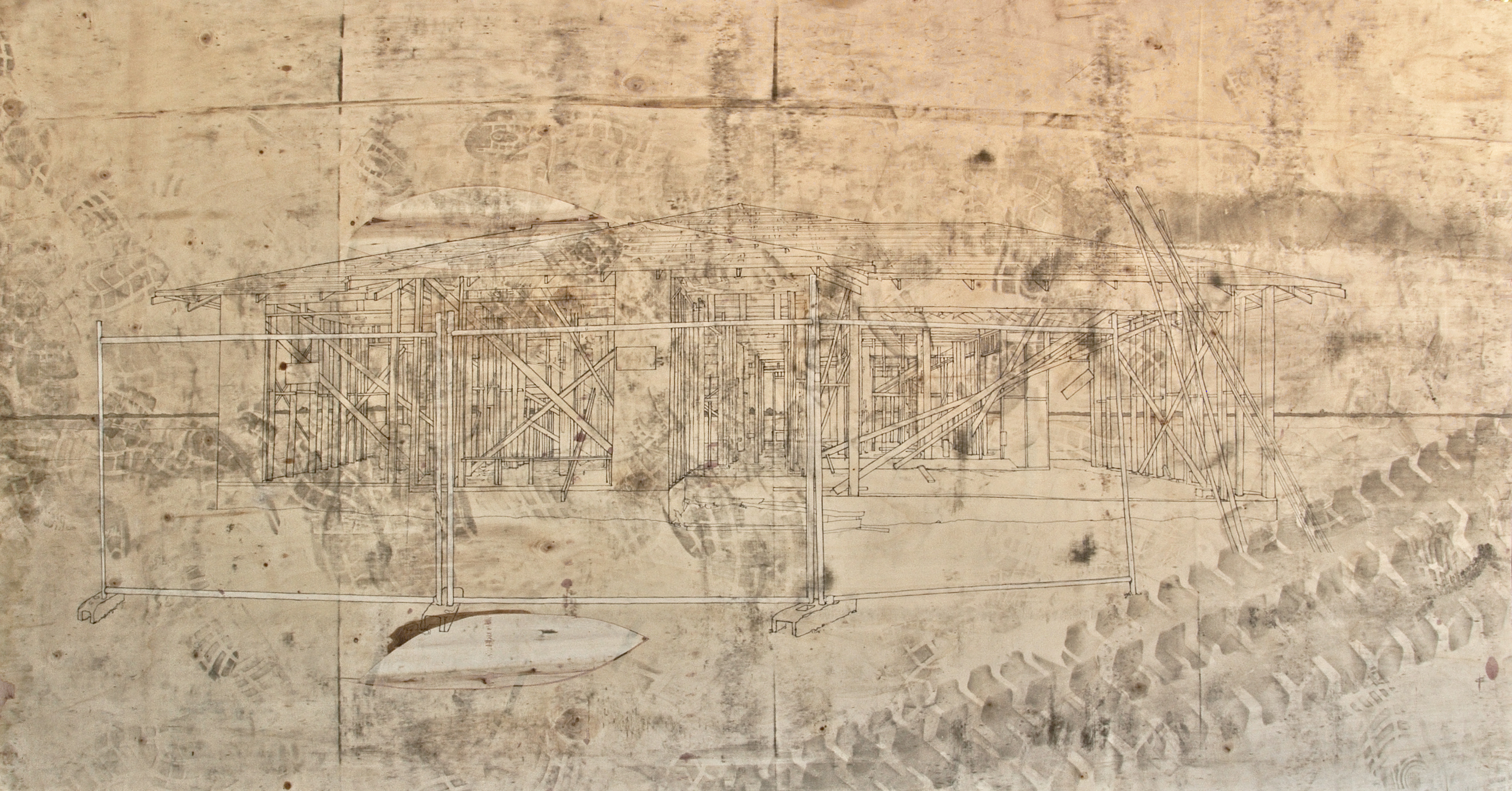 Western Expansion Zone, 2016, ink on found plywood, 120 x 240 cm