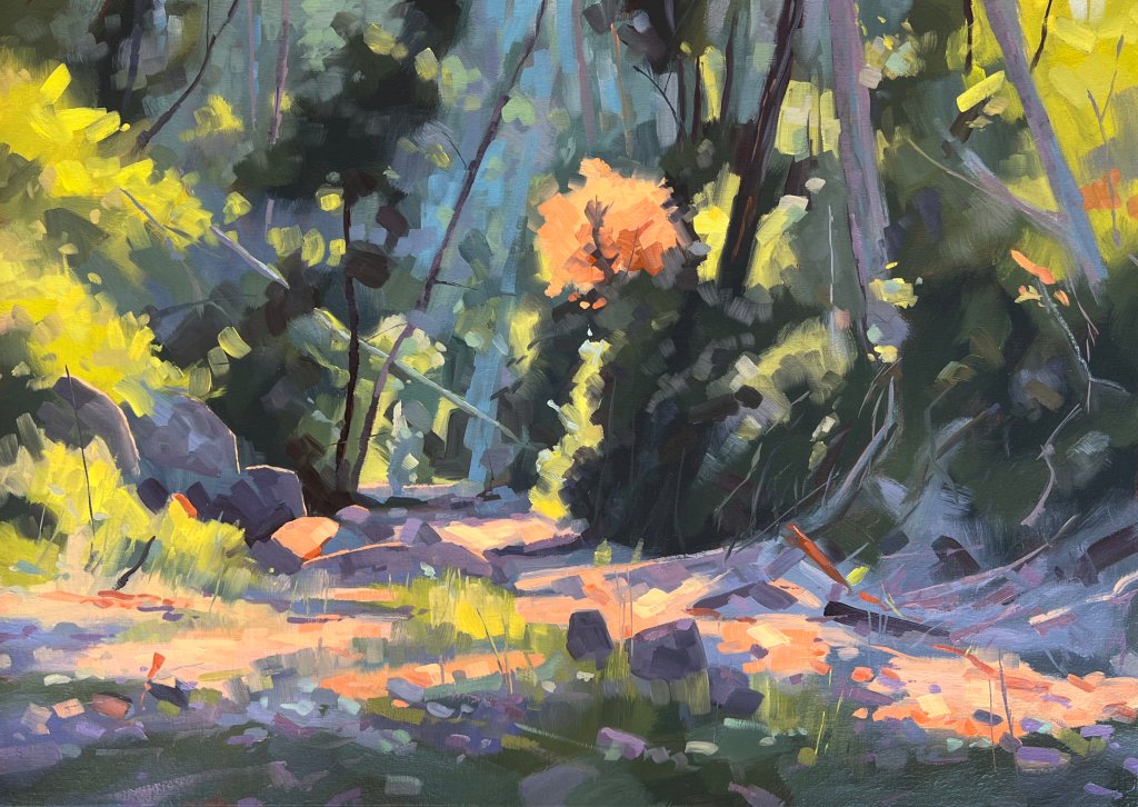 Summer Creek 11, 2025, oil on canvas, 50 x 70 cm, $3275 framed