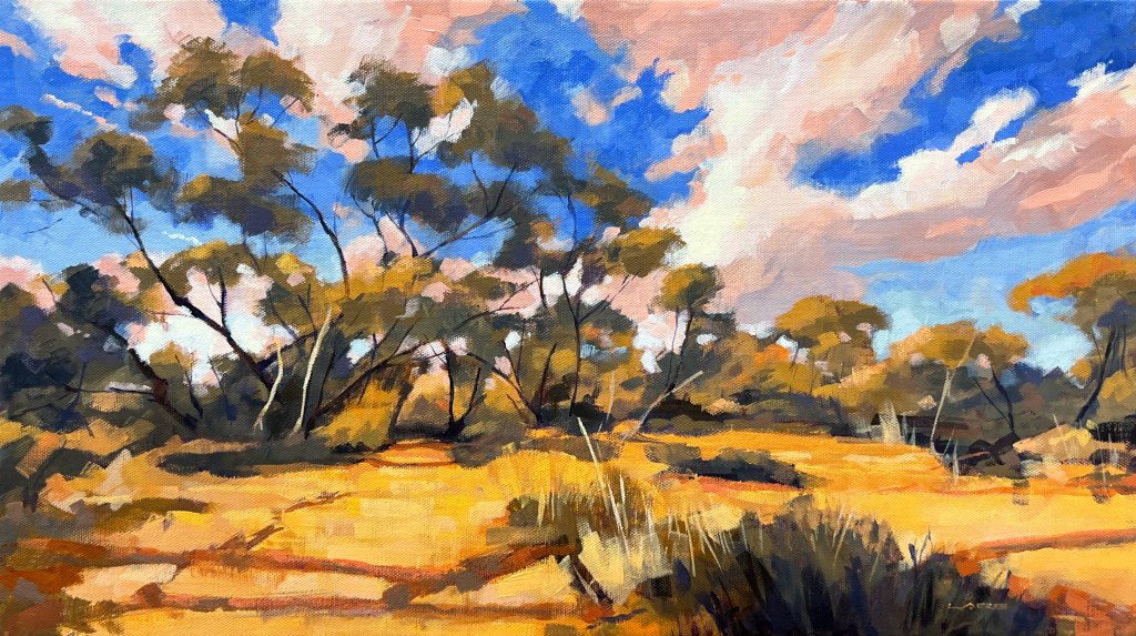 Mallee 6, 2025, acrylic on linen on plywood, 32 x 60 cm, $1250