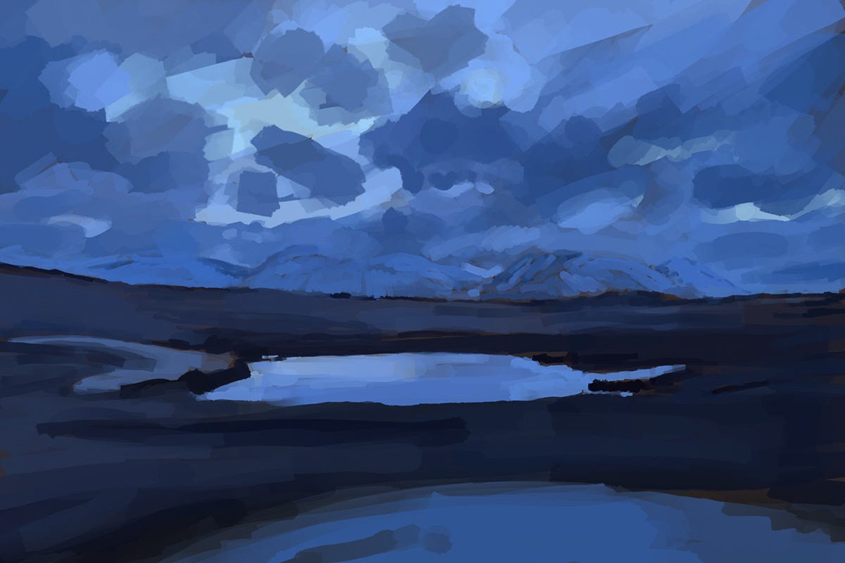 A serene landscape painting featuring dark blue mountains under a cloudy sky, with a small body of water reflecting the hues of the sky.